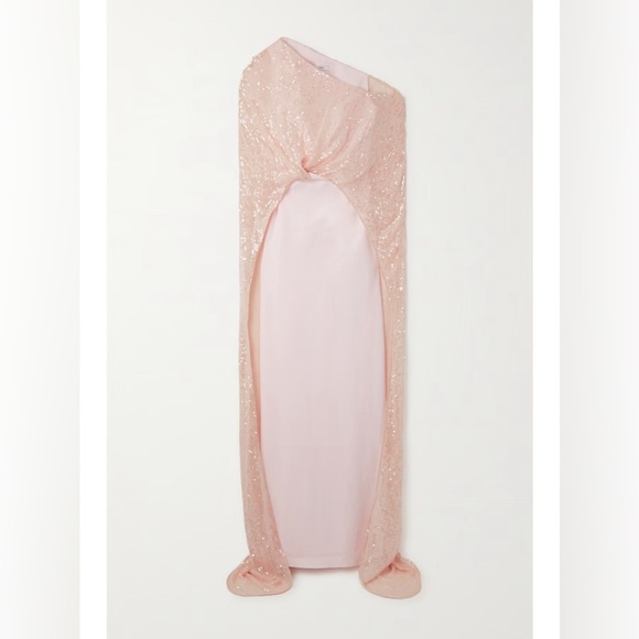 Safiyaa Cadenza One Shoulder Cape-effect Sequined Tulle and Crepe Gown- Pink - Picture 3 of 3